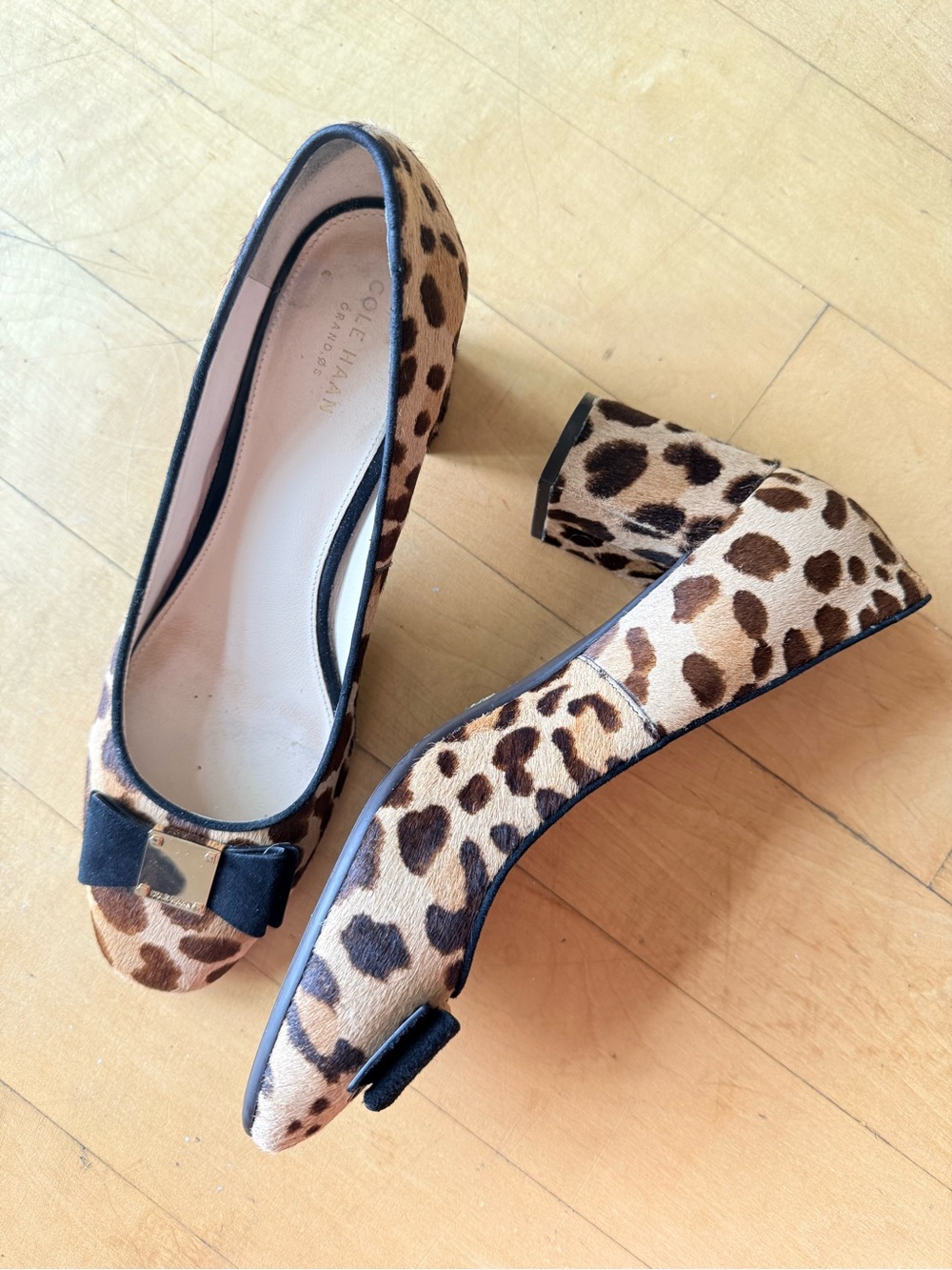 Cole Haan Leopard Haircalf Block Heel Pumps with Bow - Brown/Black